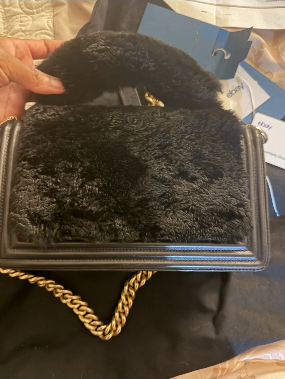 CHANEL Black Faux Fur Boy Shoulder Bag with Gold Hardware